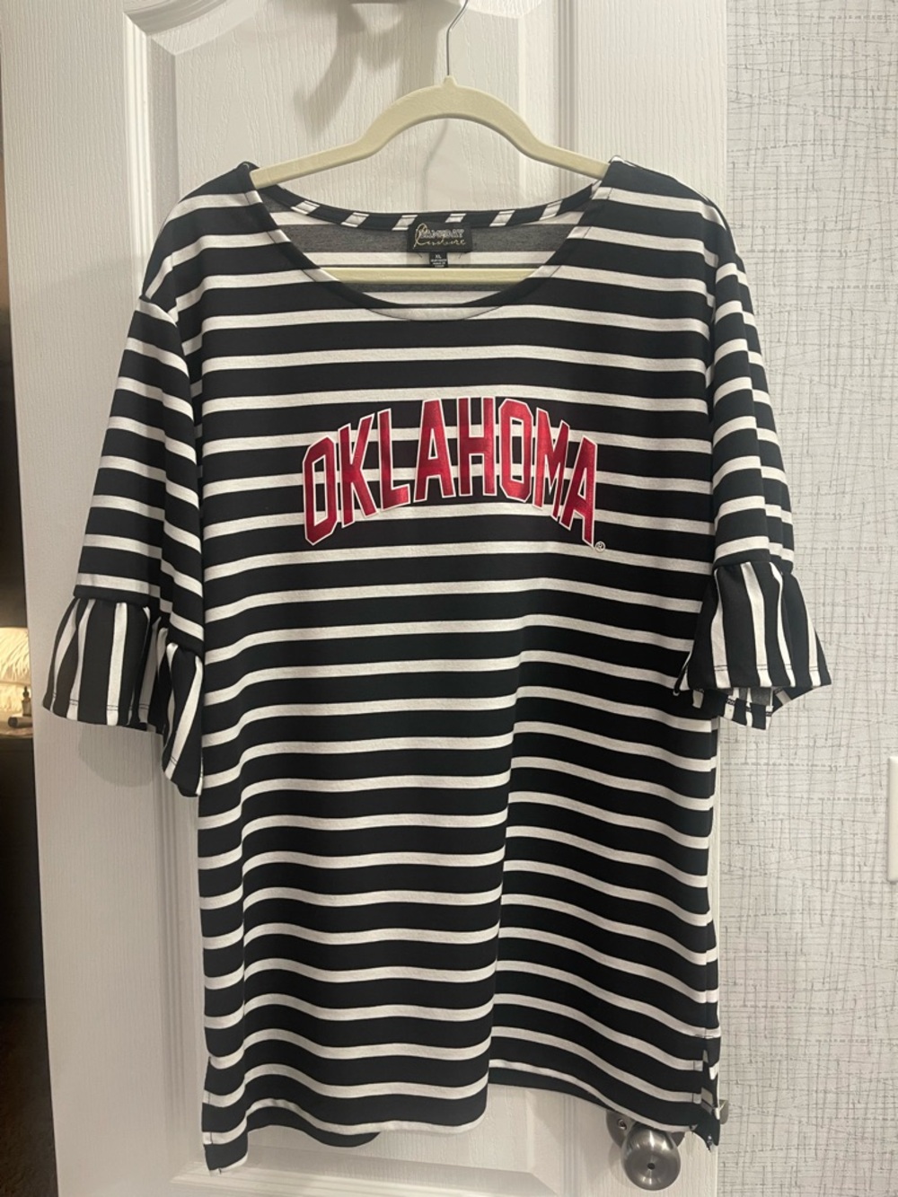 Oklahoma Striped Ruffle Sleeve Tee - Black & White with Red Logo
